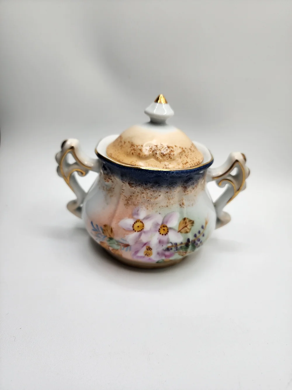 Vintage Porcelain Floral Sugar Bowl with Gold Accents Garden Scene English Tea
